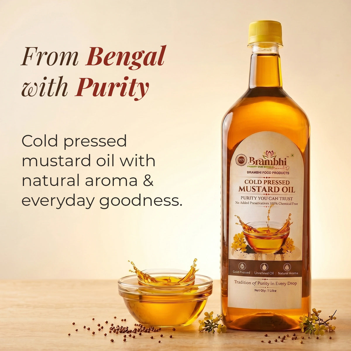 Brambhi Cold-Pressed Kacchi Ghani Mustard Oil – 1 L PET Bottle