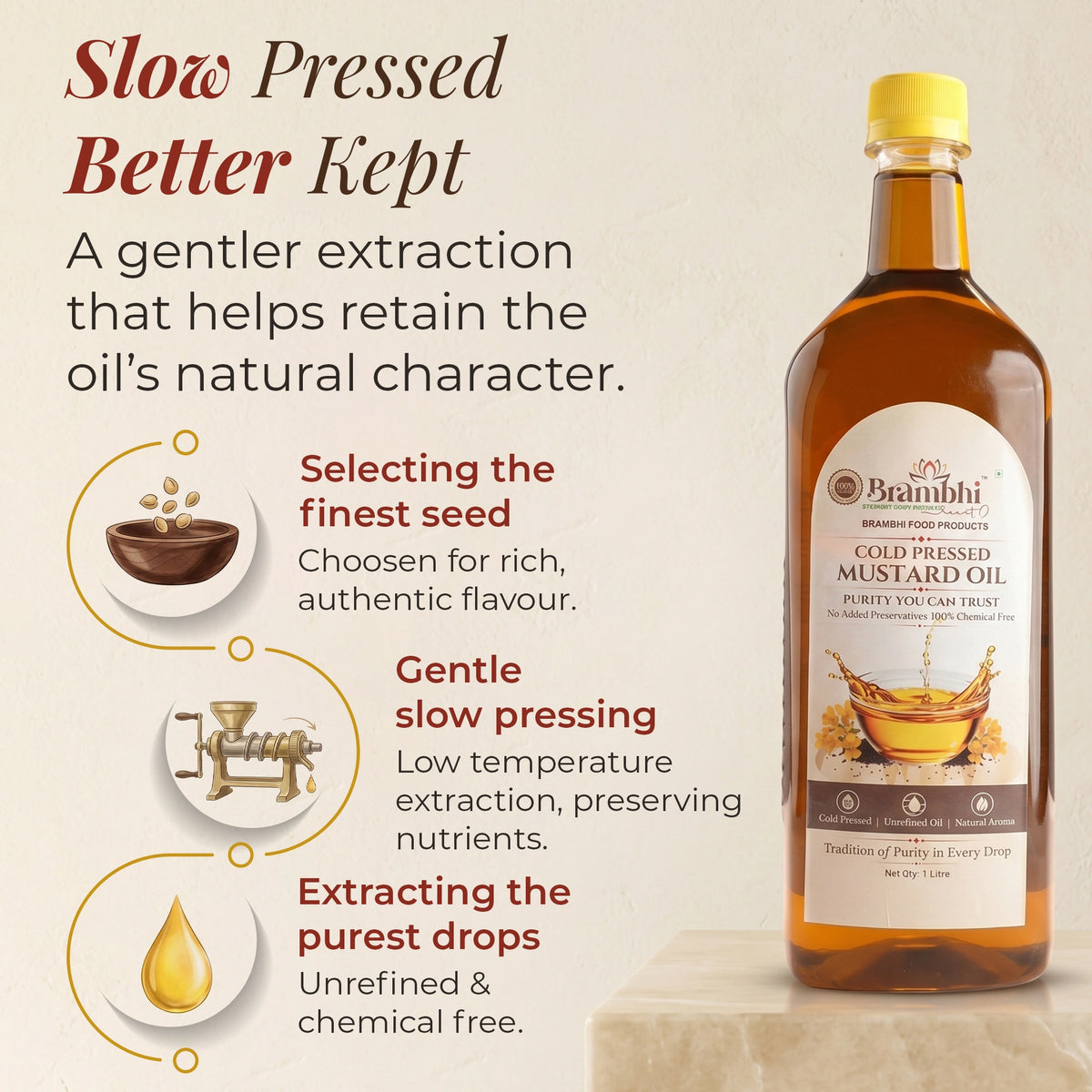 Brambhi Cold-Pressed Kacchi Ghani Mustard Oil – 1 L PET Bottle