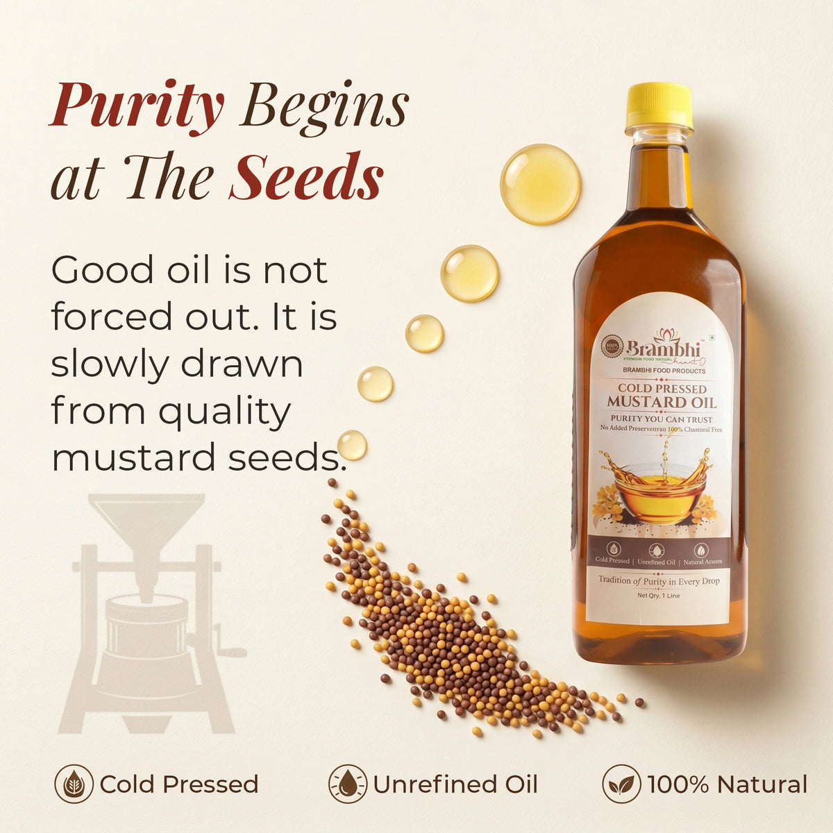 Brambhi Cold-Pressed Kacchi Ghani Mustard Oil – 1 L PET Bottle