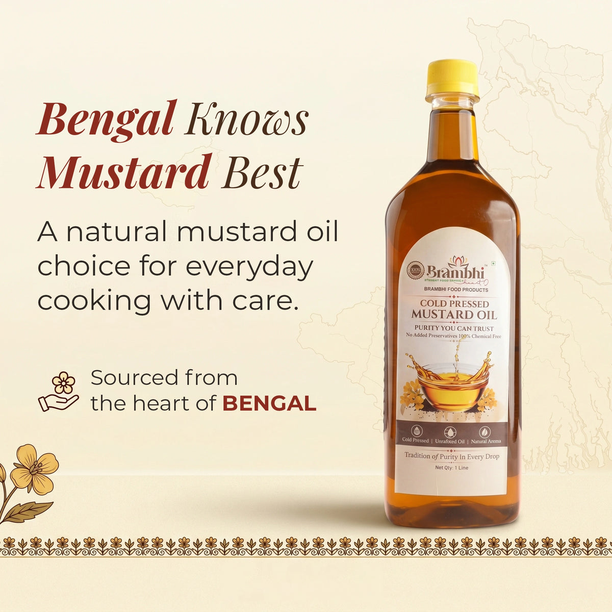 Brambhi Cold-Pressed Kacchi Ghani Mustard Oil – 1 L PET Bottle