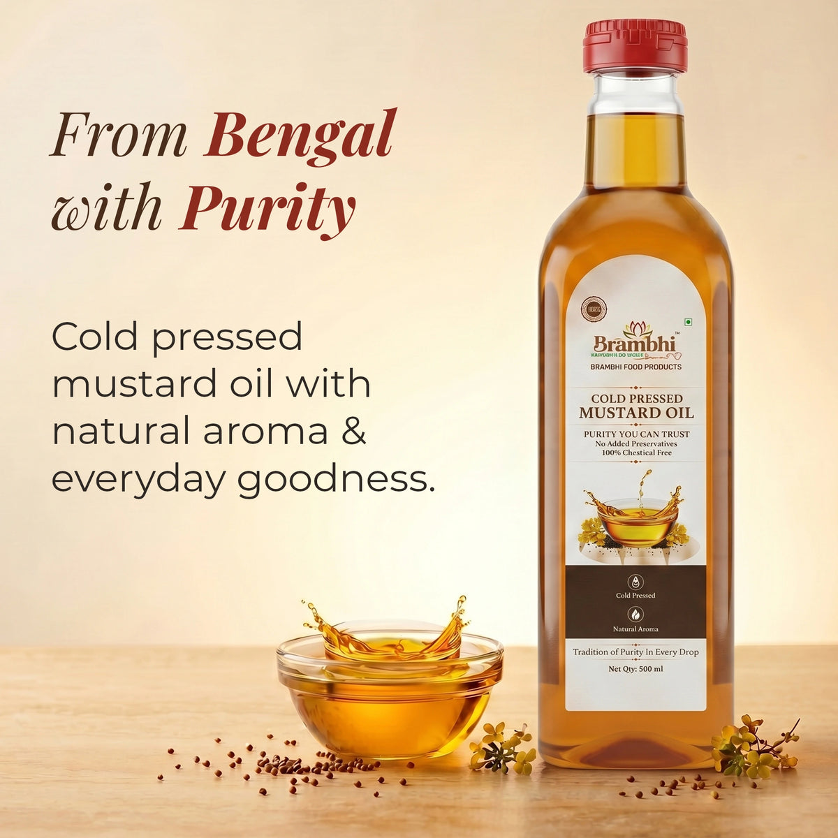 Brambhi Cold-Pressed Kacchi Ghani Mustard Oil – 500 ml PET Bottle