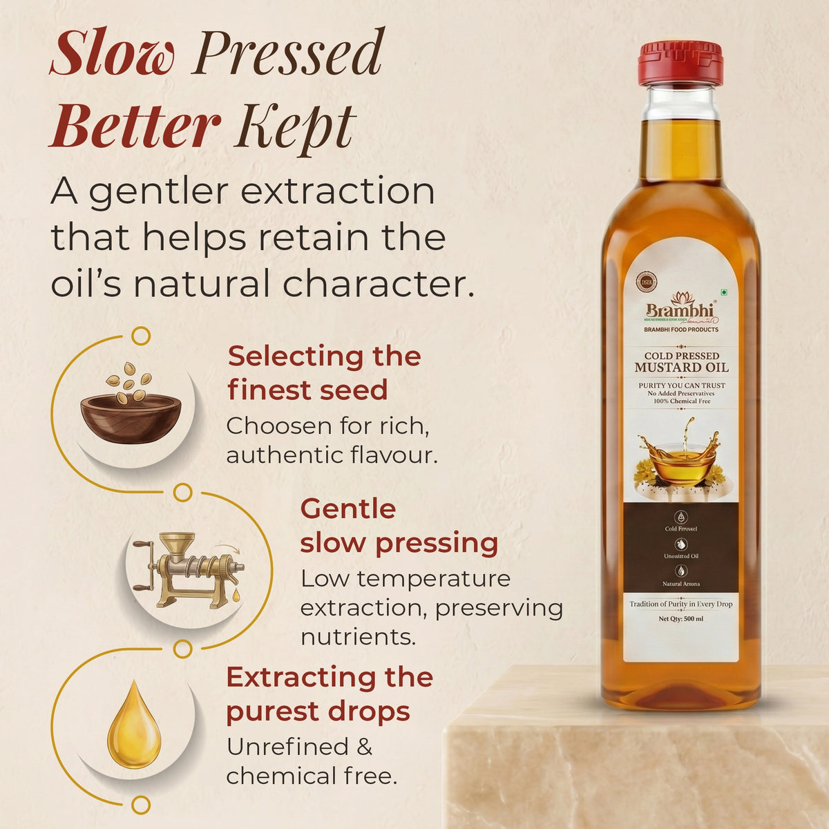 Brambhi Cold-Pressed Kacchi Ghani Mustard Oil – 500 ml PET Bottle