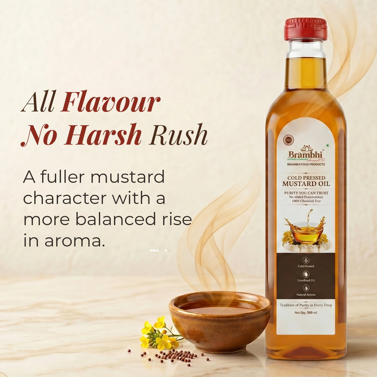 Brambhi Cold-Pressed Kacchi Ghani Mustard Oil – 500 ml PET Bottle