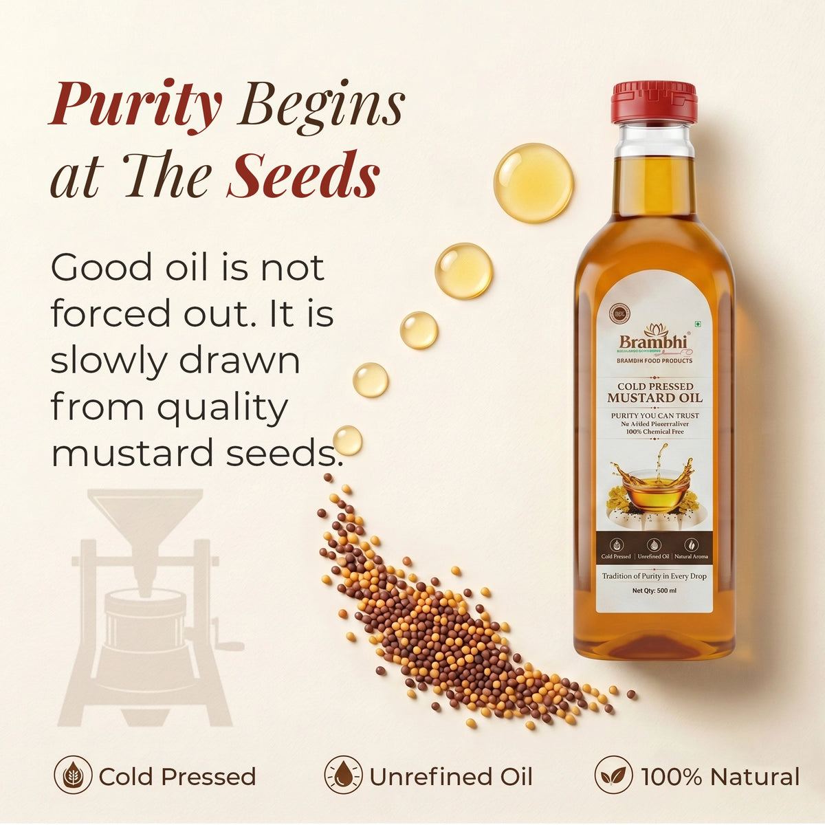 Brambhi Cold-Pressed Kacchi Ghani Mustard Oil – 500 ml PET Bottle