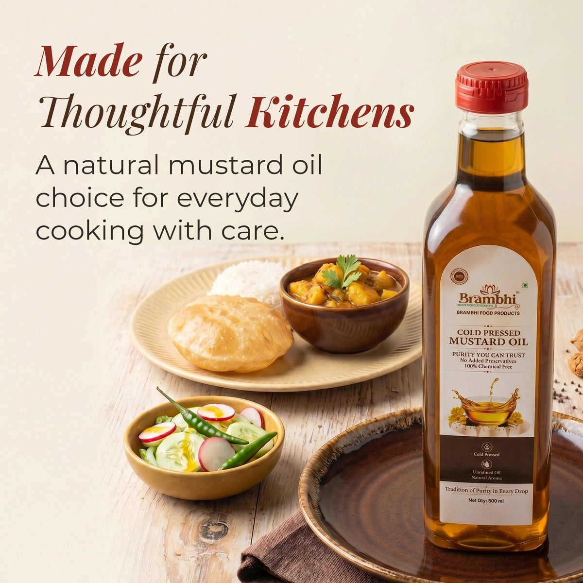 Brambhi Cold-Pressed Kacchi Ghani Mustard Oil – 500 ml PET Bottle