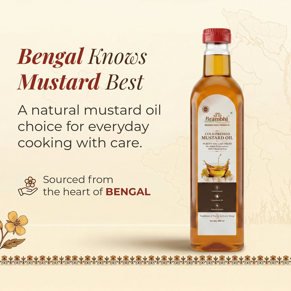 Brambhi Cold-Pressed Kacchi Ghani Mustard Oil – 500 ml PET Bottle