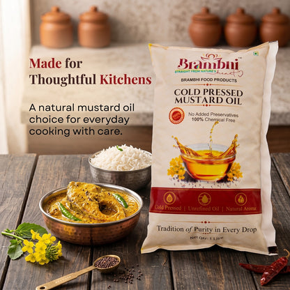 Brambhi Cold-Pressed Kacchi Ghani Mustard Oil – 1 L Pouch