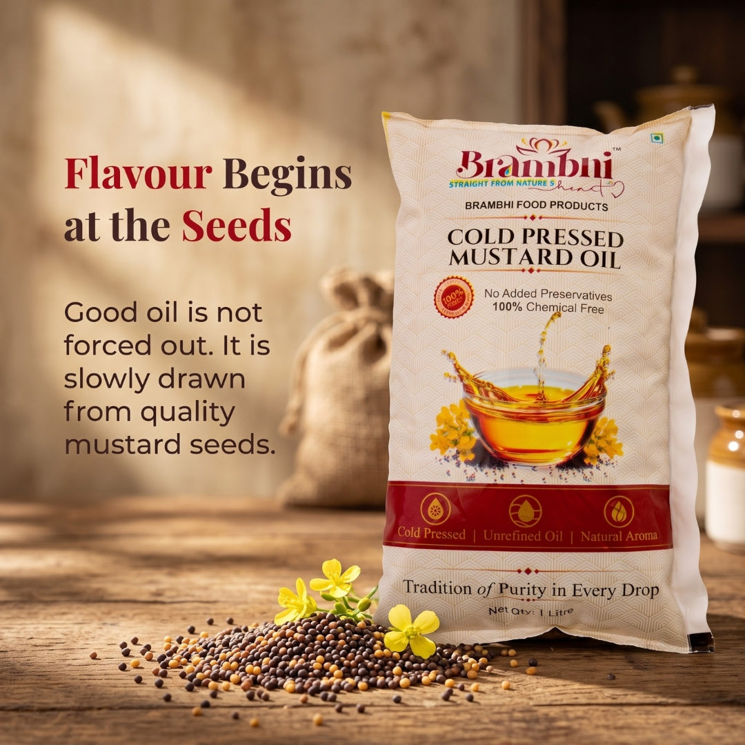 Brambhi Cold-Pressed Kacchi Ghani Mustard Oil – 1 L Pouch
