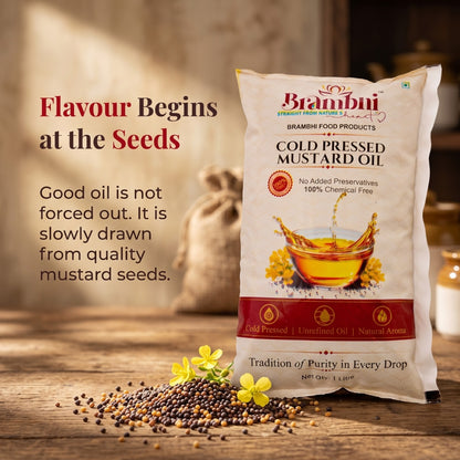 Brambhi Cold-Pressed Kacchi Ghani Mustard Oil – 1 L Pouch