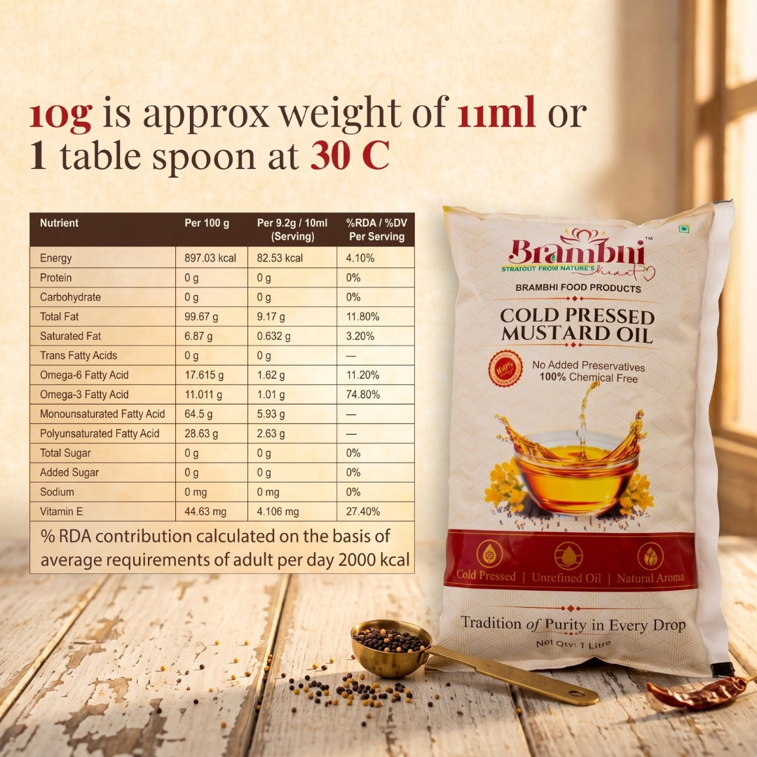 Brambhi Cold-Pressed Kacchi Ghani Mustard Oil – 1 L Pouch