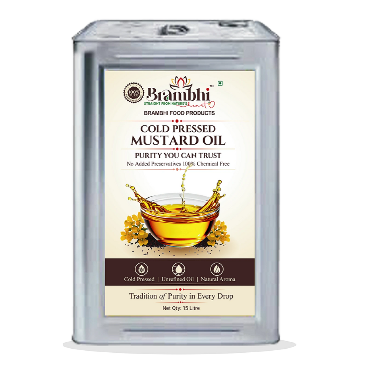 Brambhi Cold-Pressed Mustard Oil – 15 L Commercial Tin
